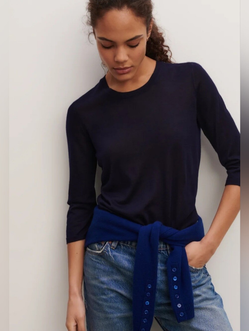 Eric Bompard 100% Cashmere Round Neck Jumper Navy Blue, Medium, 3/4 Sleeves